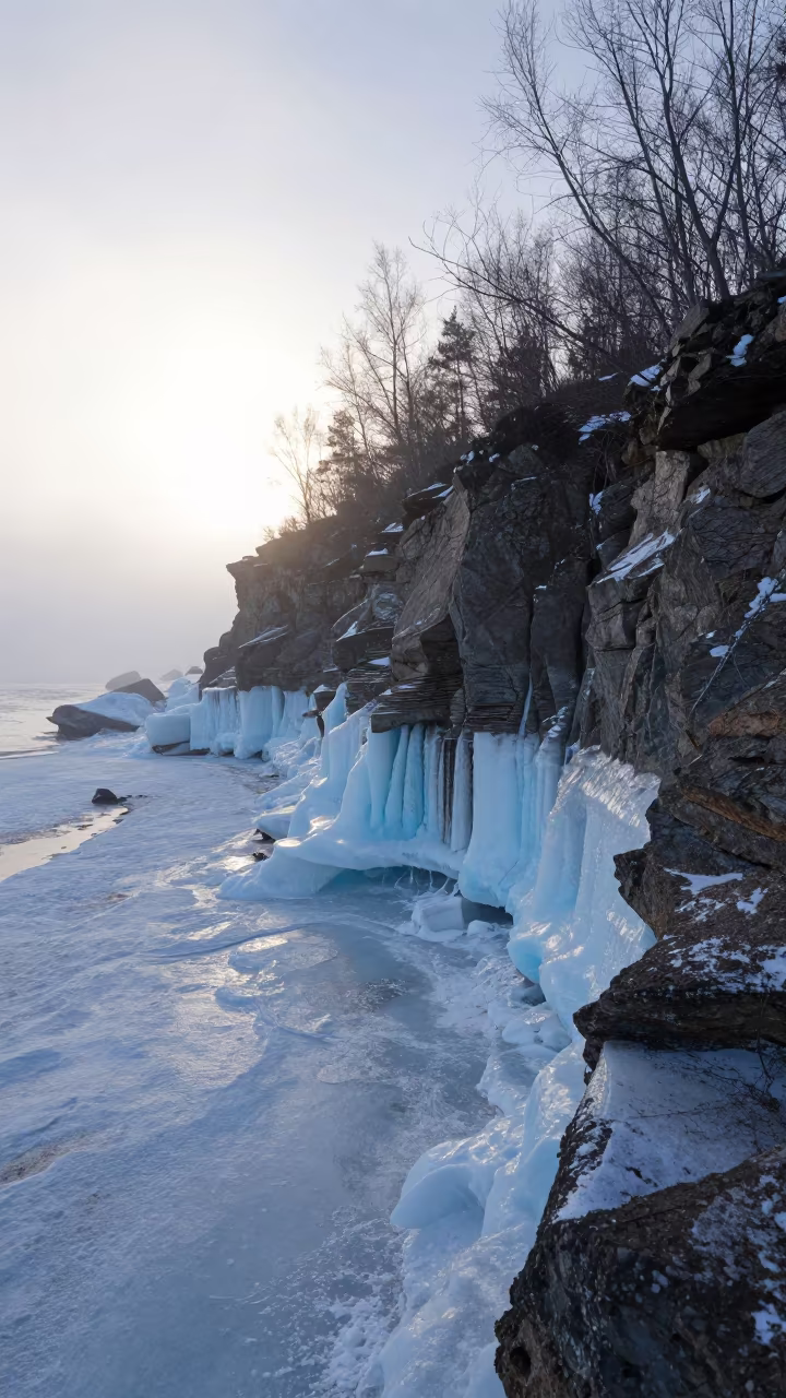 Winter Permafrost Ice Wedges Mist Shore in along a wave-cut shoreline near Murmansk