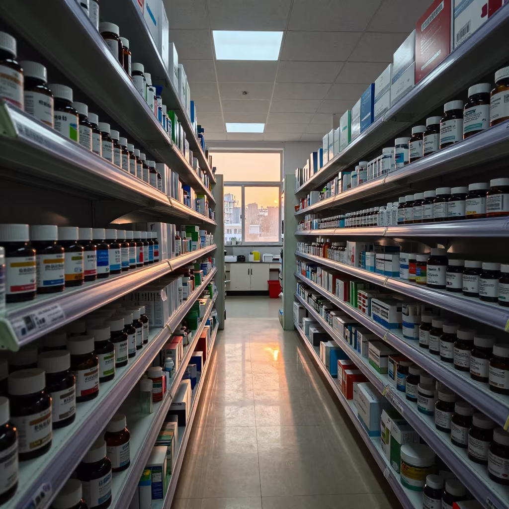 Winter Pharmacy Aisle with Sunset Glow in inside a stockroom behind the sales floor in Fuzhou