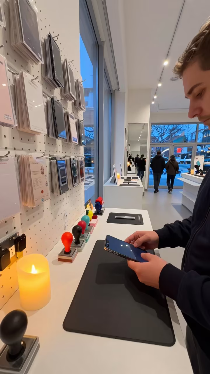 Winter Phone Trade-In Inspection at Innsbruck Retail Counter in inside a bright retail aisle in Innsbruck
