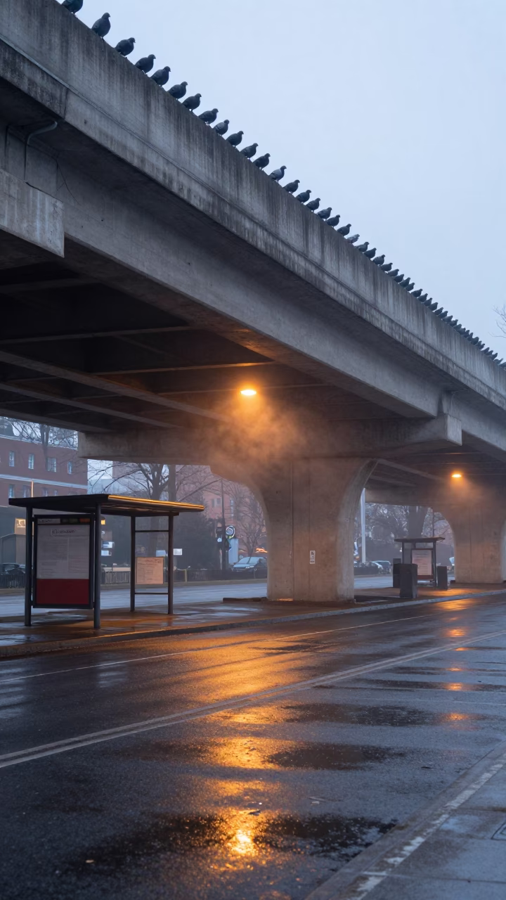 Winter Pigeon Roosts Under Amber Streetlights in beside a steamed-up bus shelter in New York