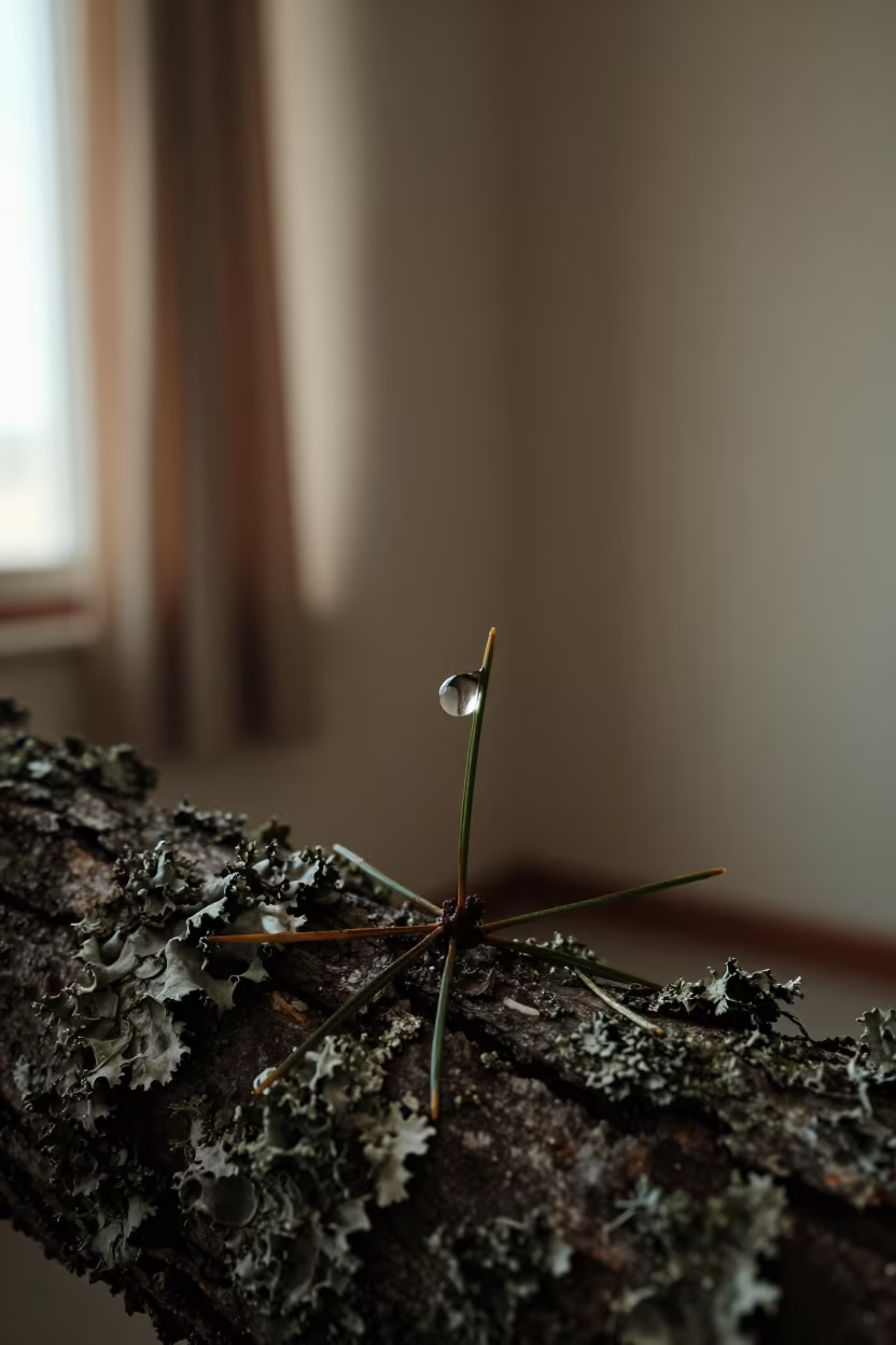 Winter Pine Droplet on Lichen Bark Kandahar in on lichen-covered bark in Kandahar