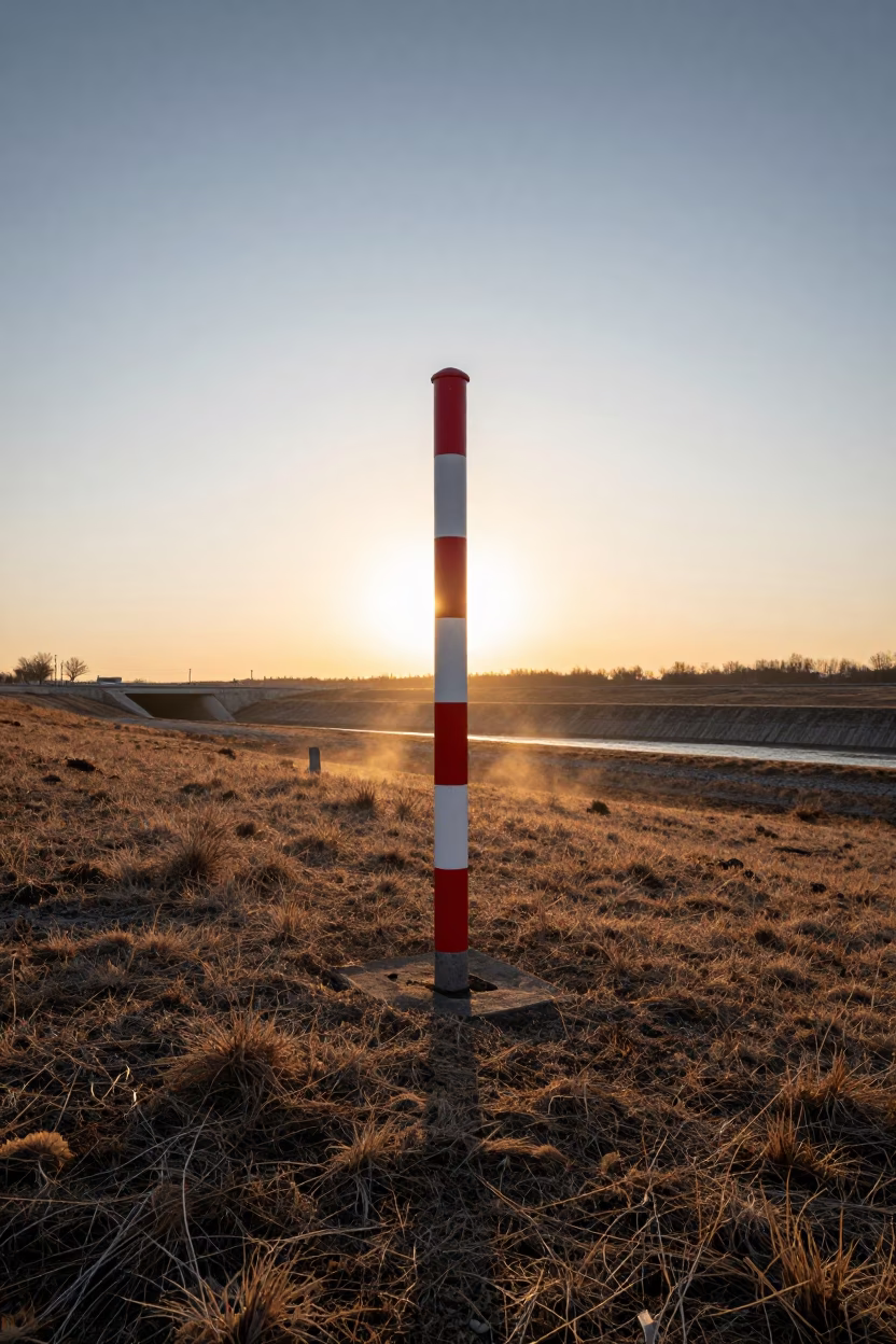 Winter Pipeline Marker Along Gómez Palacio Dam Spillway in along a dam spillway near Gómez Palacio