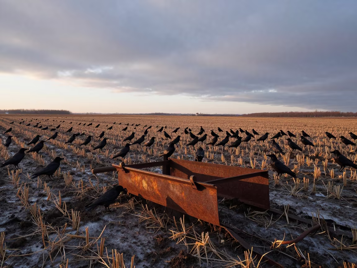Winter Plow Resting in Russian Far East Field in across a harvested grain field in the Russian Far East