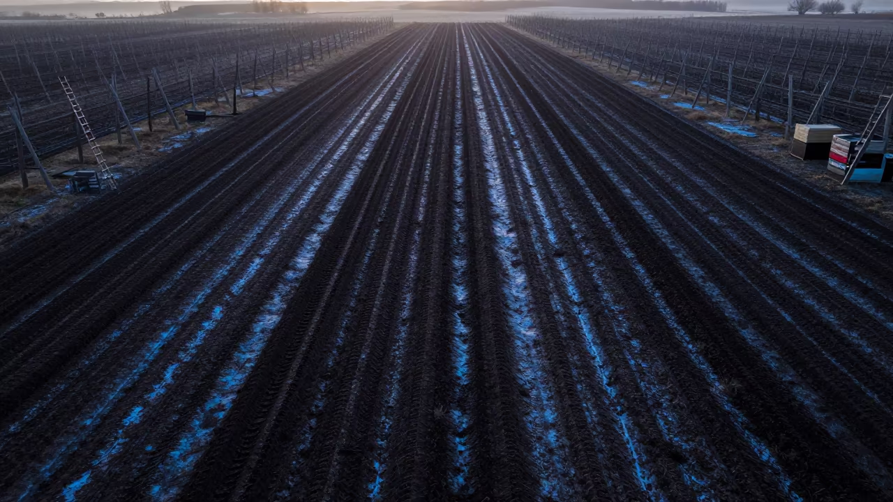 Winter Plowed Fields Drone View Dawn in among orchard ladders and crates in Wyoming