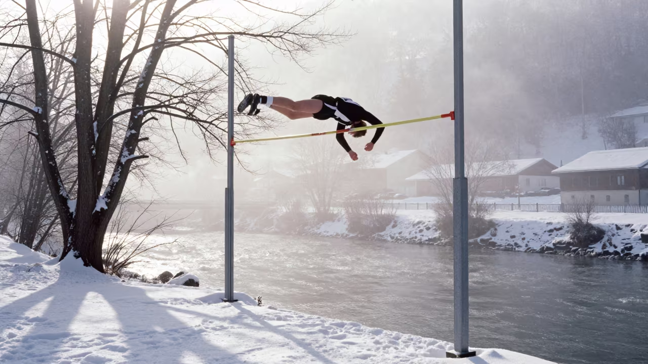 Winter Pole Vaulter Clearing Bar by River in by a riverbank near Innsbruck