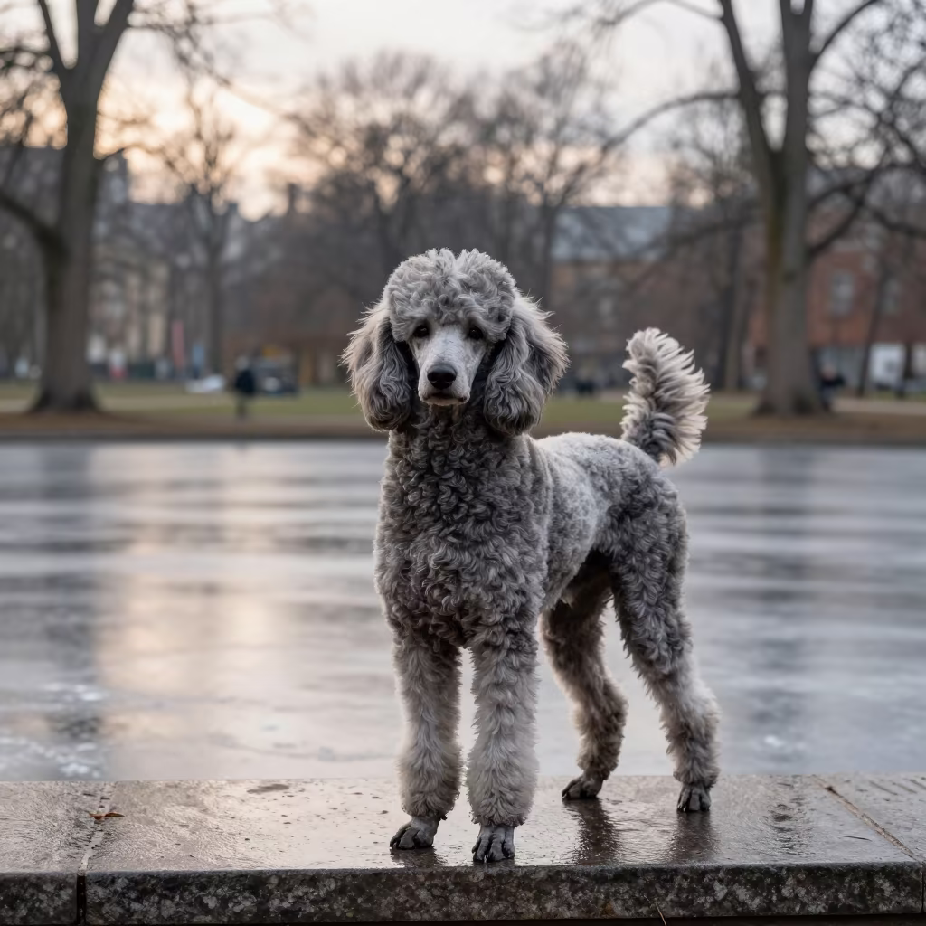 Winter Poodle Portrait Along Lodz Park Path in along a quiet park path with soft open shade and a clean background in Lodz