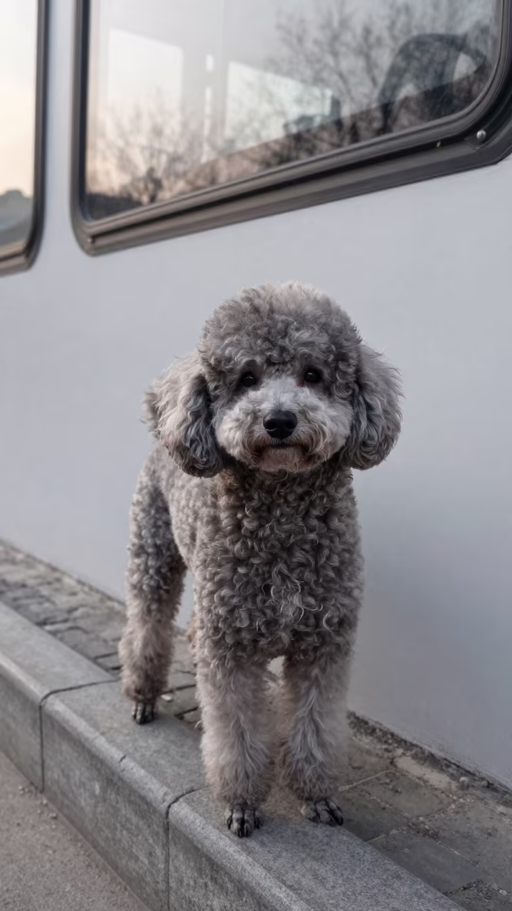 Winter Poodle Portrait by Tianjin Courtyard Wall in beside a plain courtyard wall in clear daylight with the animal at eye level in Tianjin