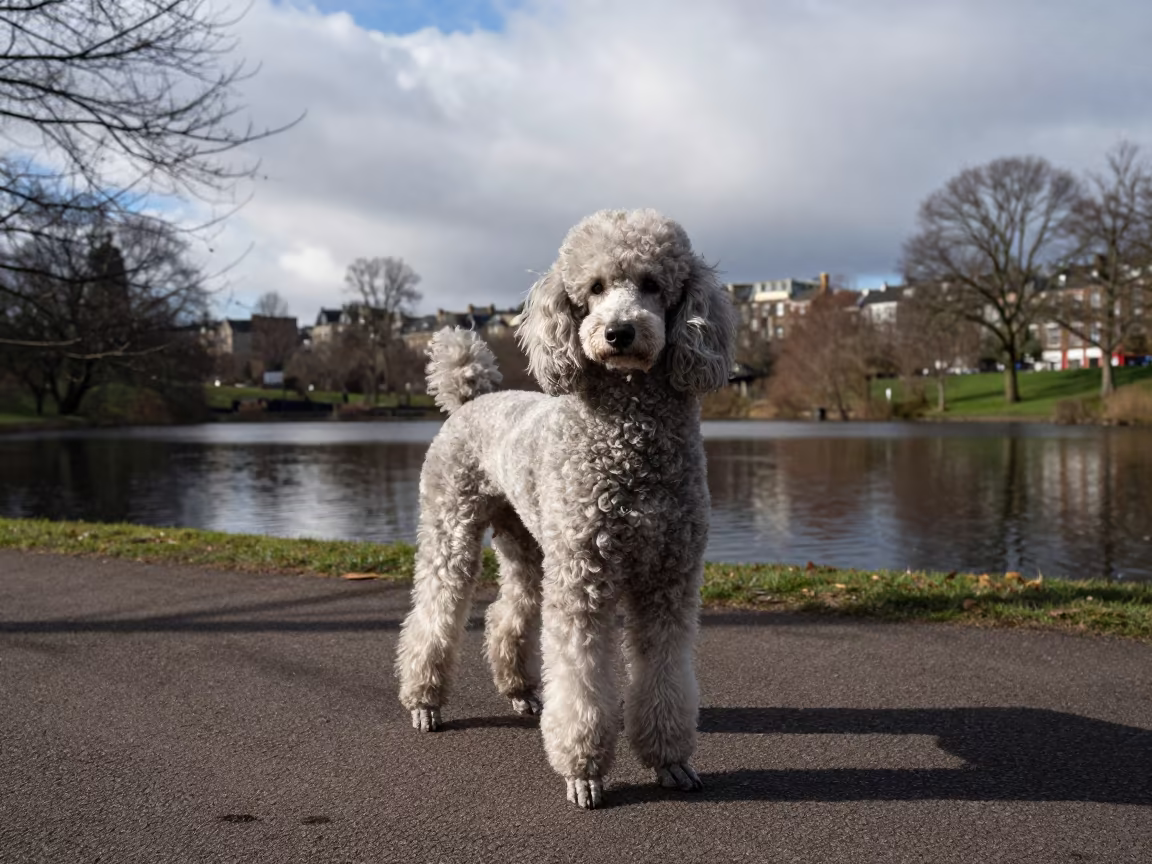 Winter Poodle Portrait on Glasgow Path in along a quiet park path with soft open shade and a clean background in Glasgow