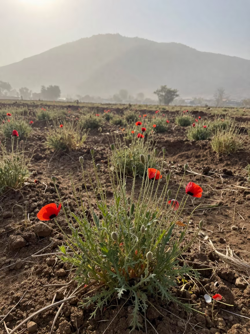 Winter Poppy Patch in Jaipur Mist in among terraced garden plots near Jaipur