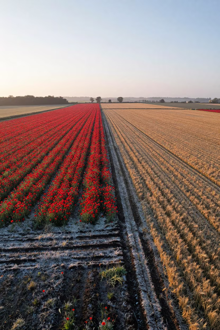 Winter Poppy and Wheat Fields at Dawn in beside a tractor track through dark soil in United Kingdom