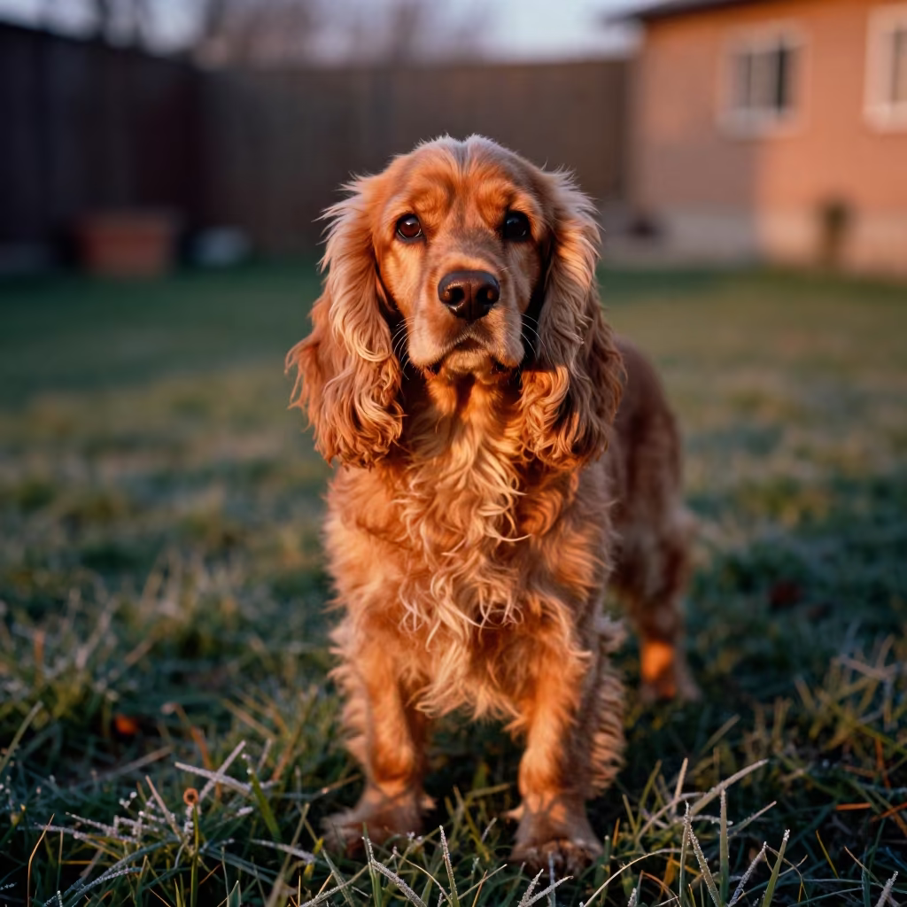 Winter Portrait Cocker Spaniel Erzincan in in a small yard with clipped grass, calm light, and the animal centered in frame in Erzincan