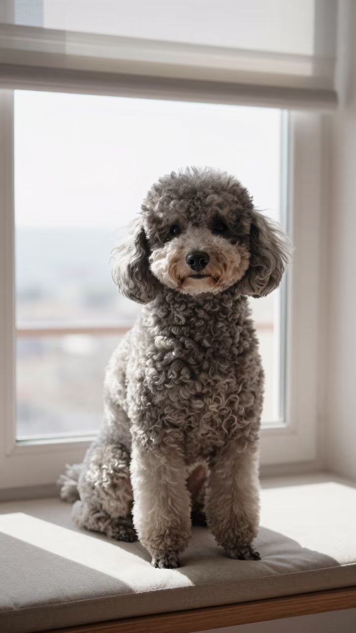 Winter Portrait of a Poodle on a Jounieh Window Seat in on a cushioned window seat with soft side light and an uncluttered background in Jounieh