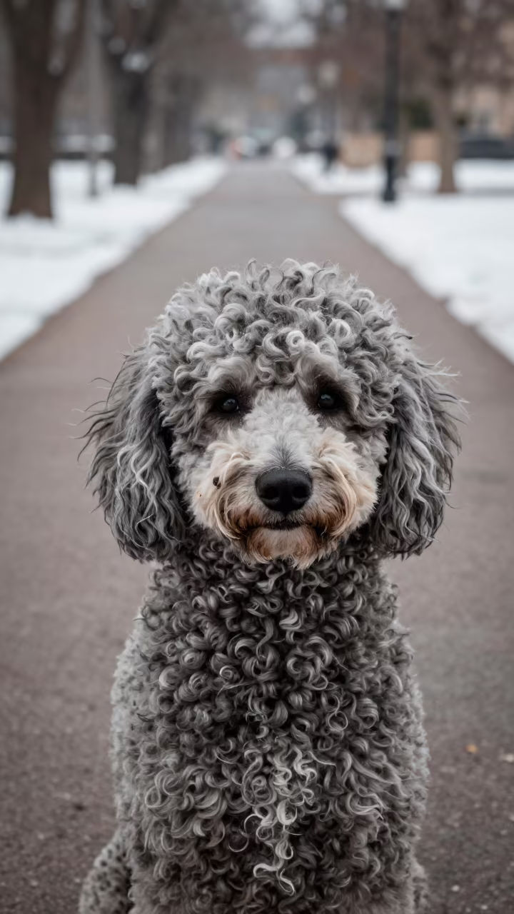 Winter Portrait of a Poodle on a Quiet Path in along a quiet park path with soft open shade and a clean background in Khemisset