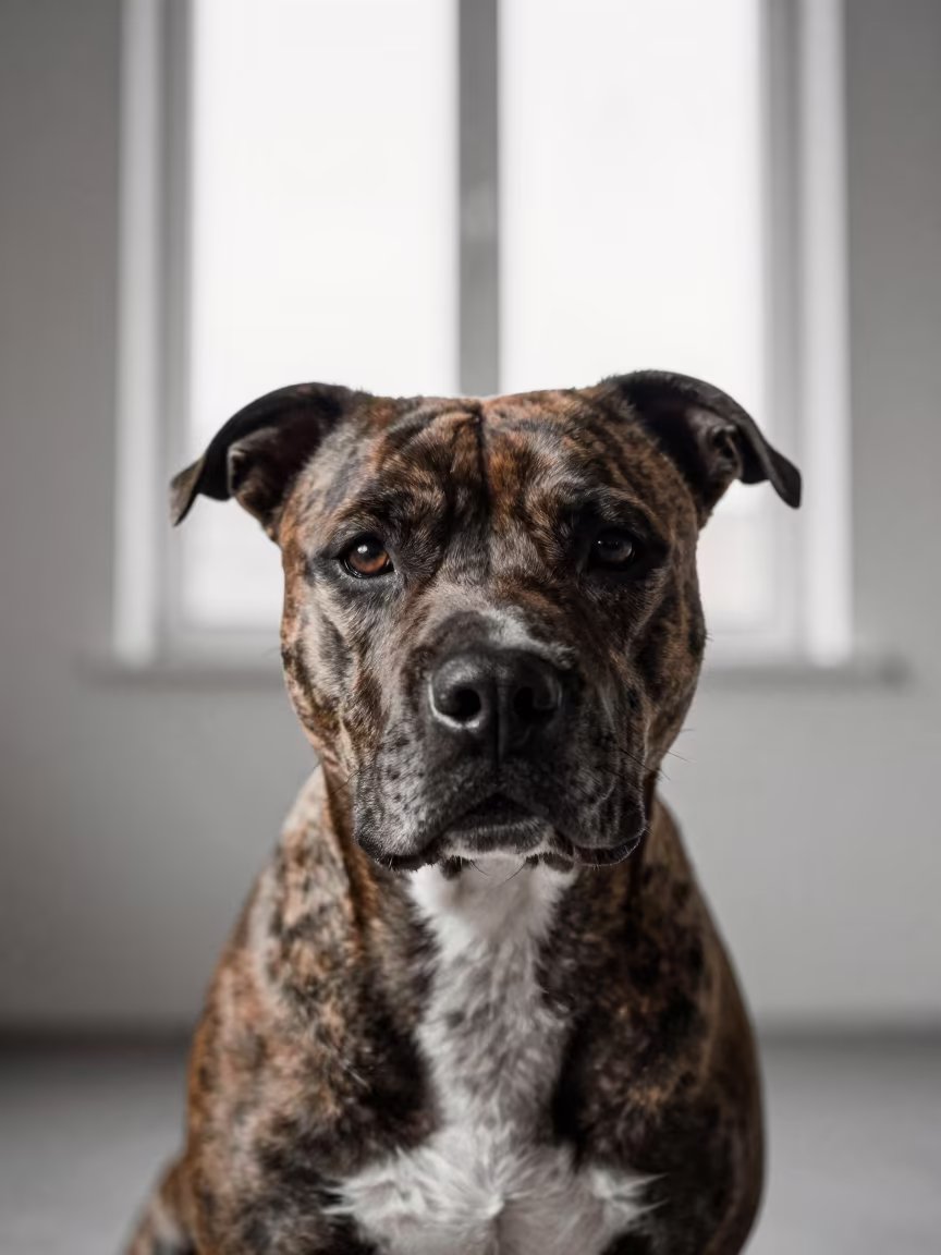 Winter Portrait of American Staffordshire Terrier in Gdansk Studio in in a quiet portrait studio with a plain backdrop and eye-level framing in Gdansk