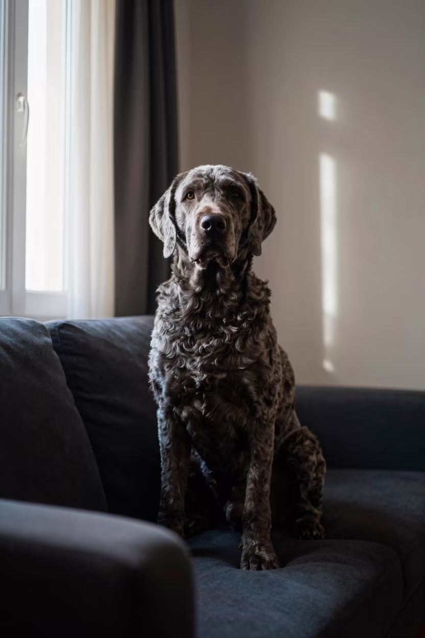 Winter Portrait of Bolognese Dog on Sofa in on a sofa near a curtained window with calm indoor light near Taranto