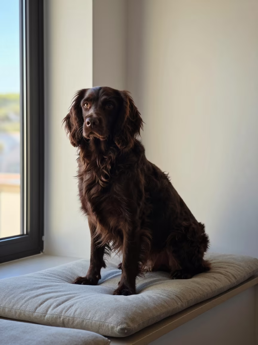 Winter Portrait of English Springer Spaniel on Window Seat in on a cushioned window seat with soft side light and an uncluttered background in Ibiza