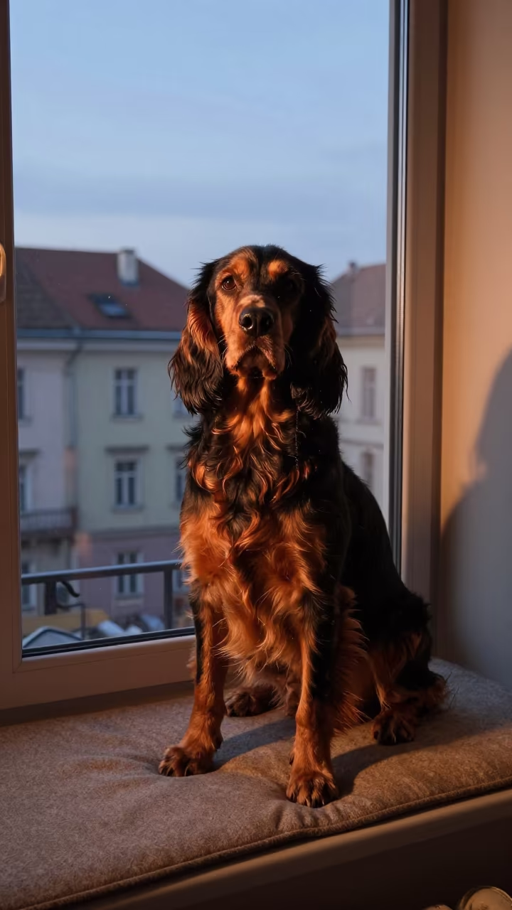 Winter Portrait of Gordon Setter on Window Seat in on a cushioned window seat with soft side light and an uncluttered background near Timisoara