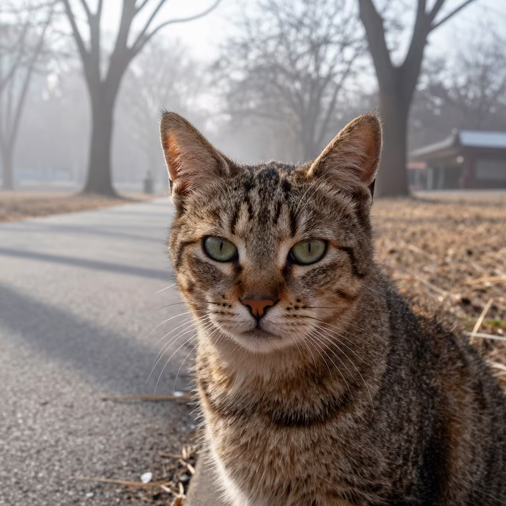 Winter Portrait of Havana Cat in Seoul Park Shade in along a quiet park path with soft open shade and a clean background in Seoul