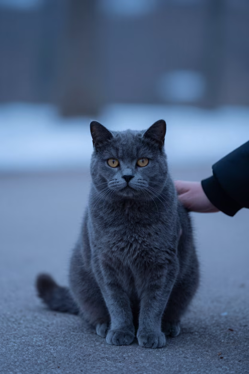 Winter Portrait of Kurilian Bobtail Cat in Park in along a quiet park path with soft open shade and a clean background near Strasbourg