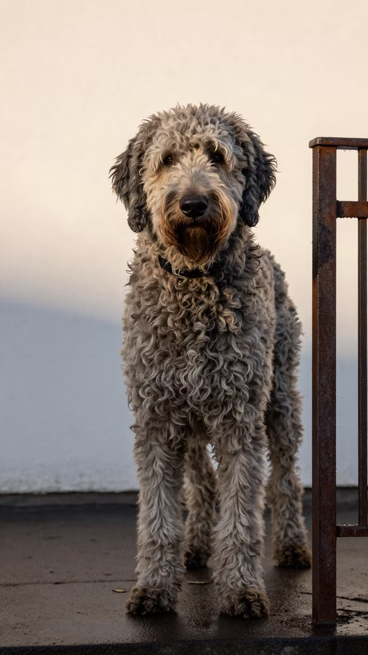 Winter Portrait of Lagotto Romagnolo in Reykjavik in beside a plain courtyard wall in clear daylight with the animal at eye level in Grandi, Reykjavik