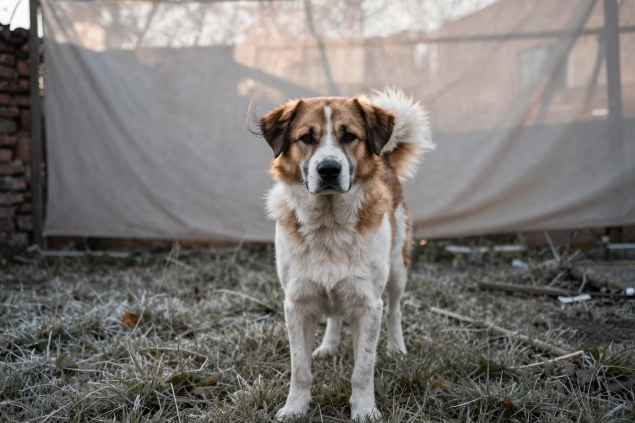 Winter Portrait of Mountain Cur in Tbilisi Yard in in a small yard with clipped grass, calm light, and the animal centered in frame near Tbilisi