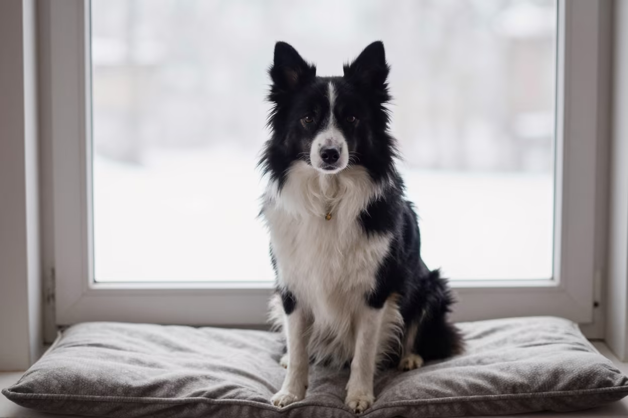 Winter Portrait of Norrbottenspets on Window Seat in on a cushioned window seat with soft side light and an uncluttered background in Seville