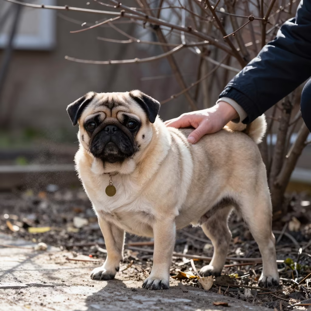 Winter Portrait of Pug with Textured Coat in near a garden edge with soft morning light and an uncluttered background in Banja Luka