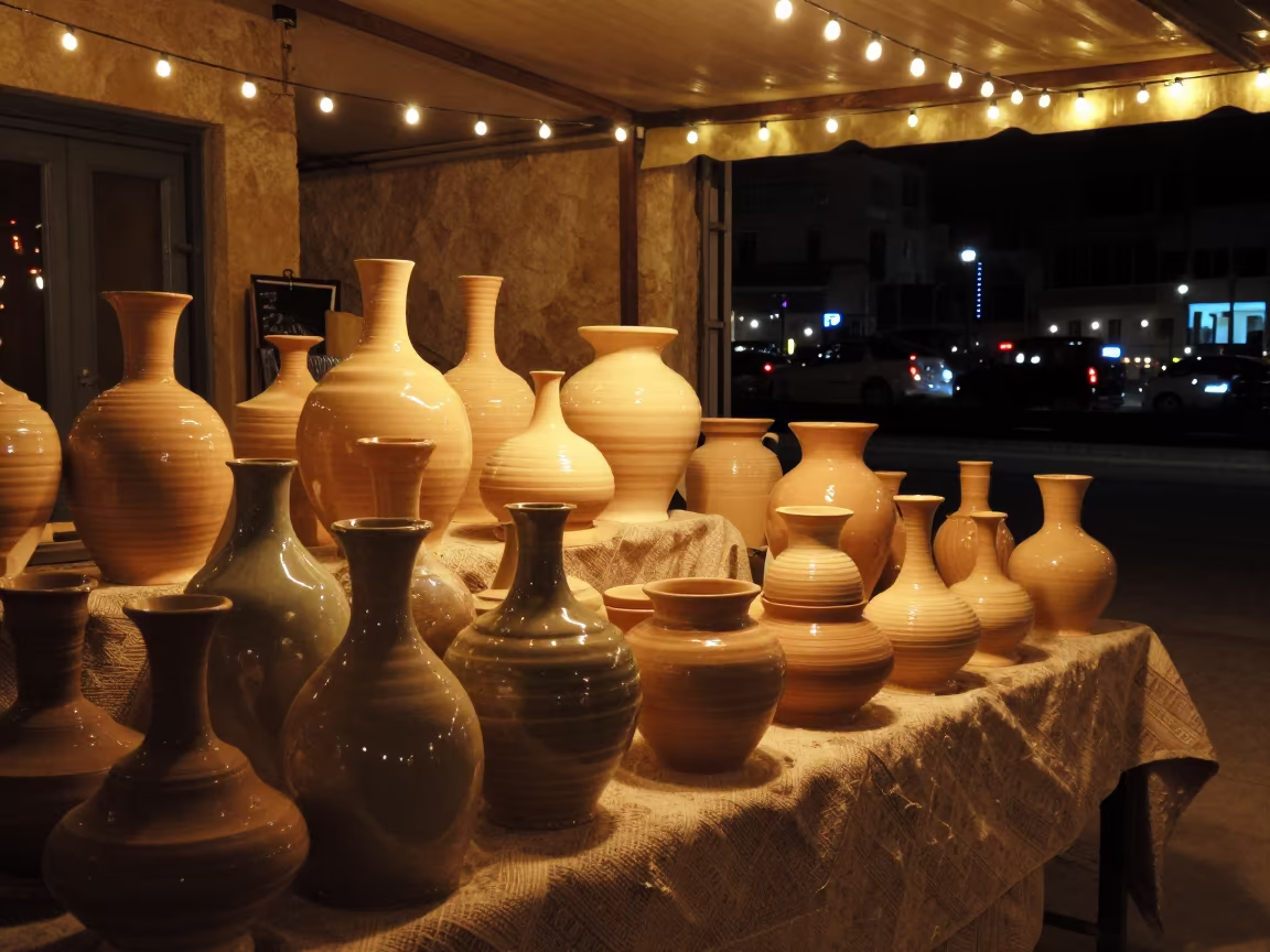 Winter Pottery Market Sidon String Lights in on a textile-covered table in Sidon