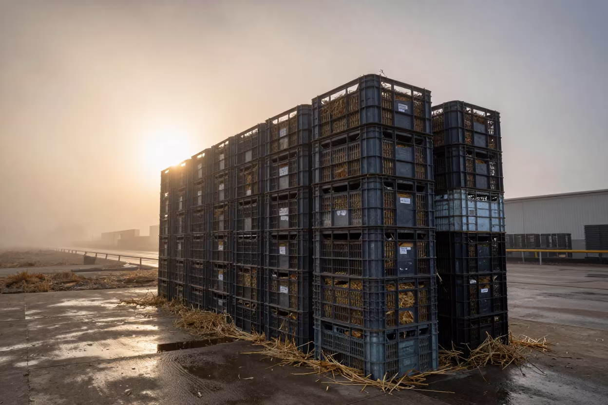 Winter Poultry Crate Stack at Puglia Stockyard in at a stockyard loading ramp in Puglia