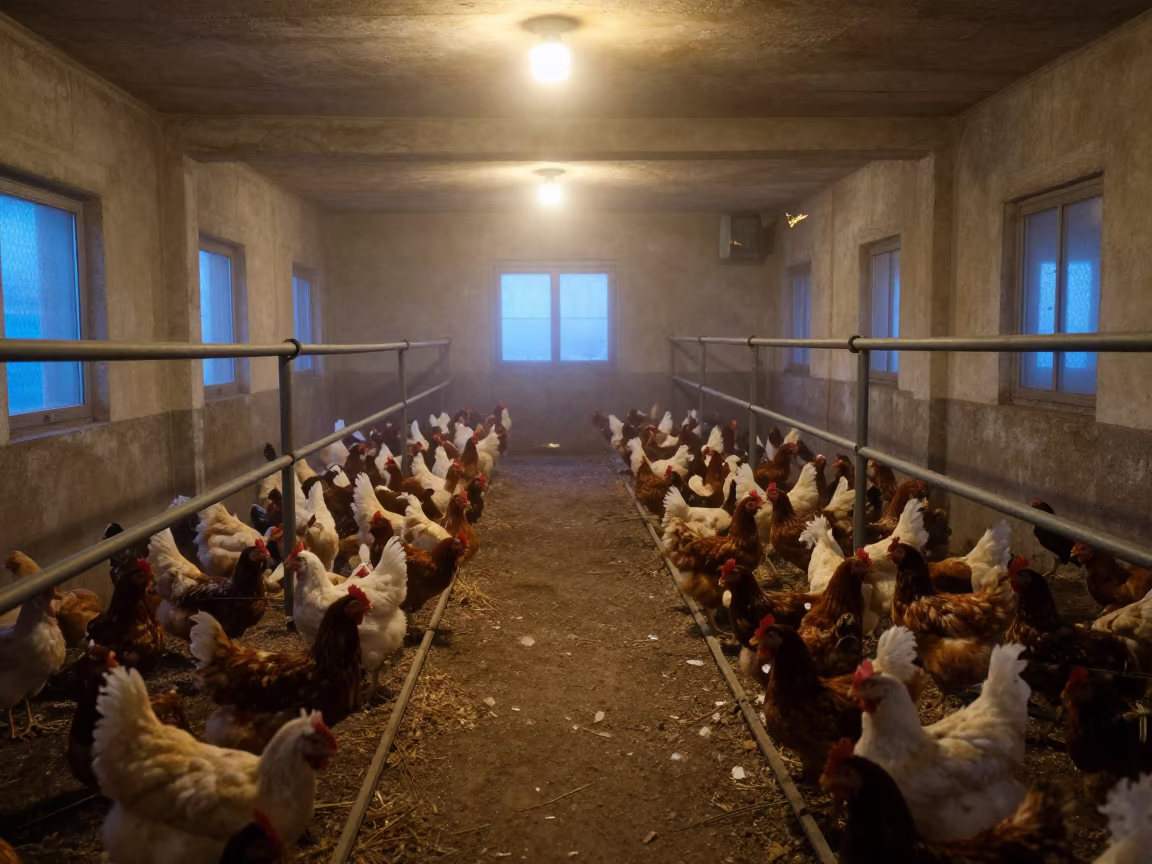 Winter Poultry House Aisle Greece Sunrise in in a poultry house aisle in Greece