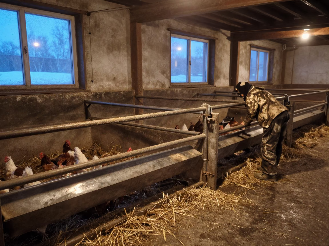 Winter Poultry House Twilight with Farm Wear in inside a lambing barn in Russia