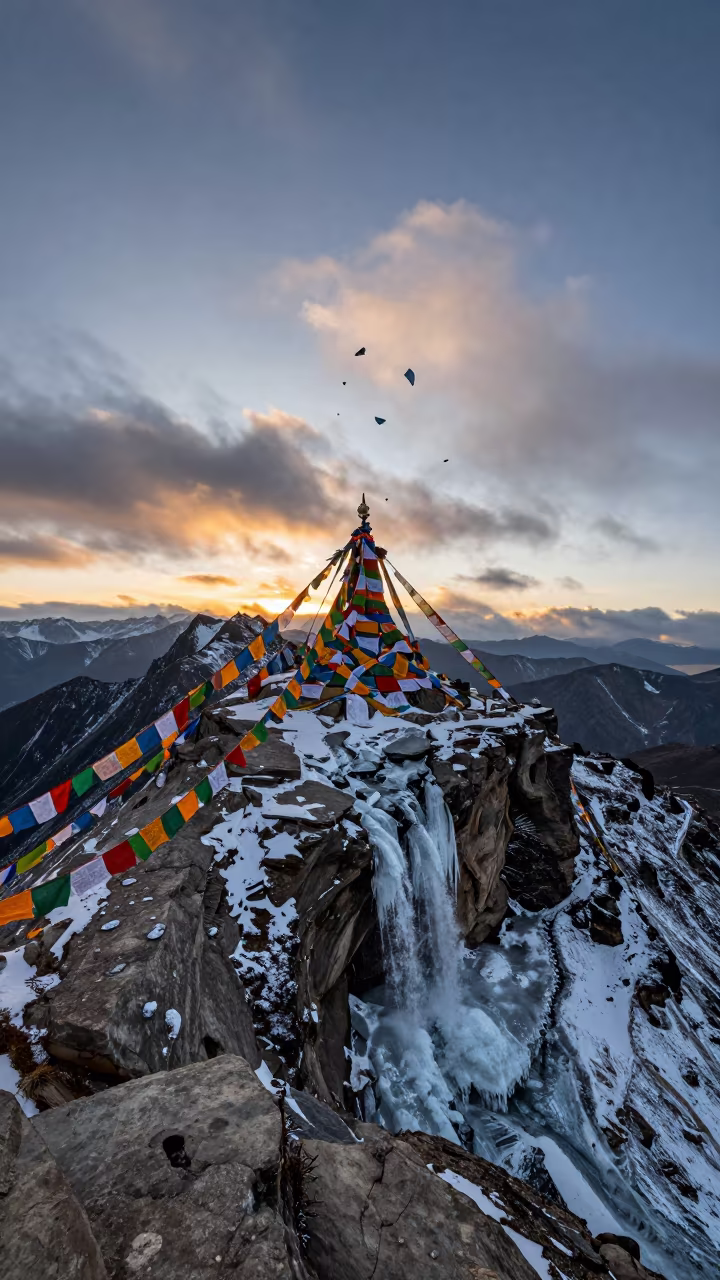 Winter Prayer Flags and Sky Fragments Above Thimphu in beside a summit cairn above the tree line near Thimphu