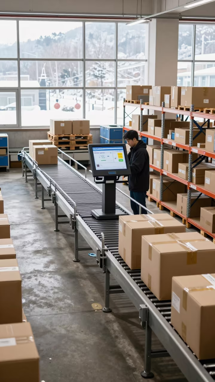 Winter Proof Scan Shelf at Busan Dock in at a fulfillment packing station in Jagalchi, Busan