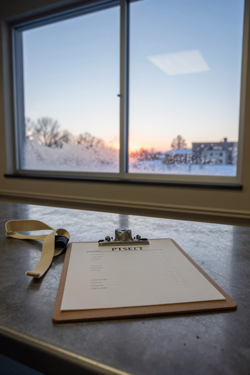 Winter PT Clipboard in Mess Hall Light in in a mess hall before service in Wisconsin