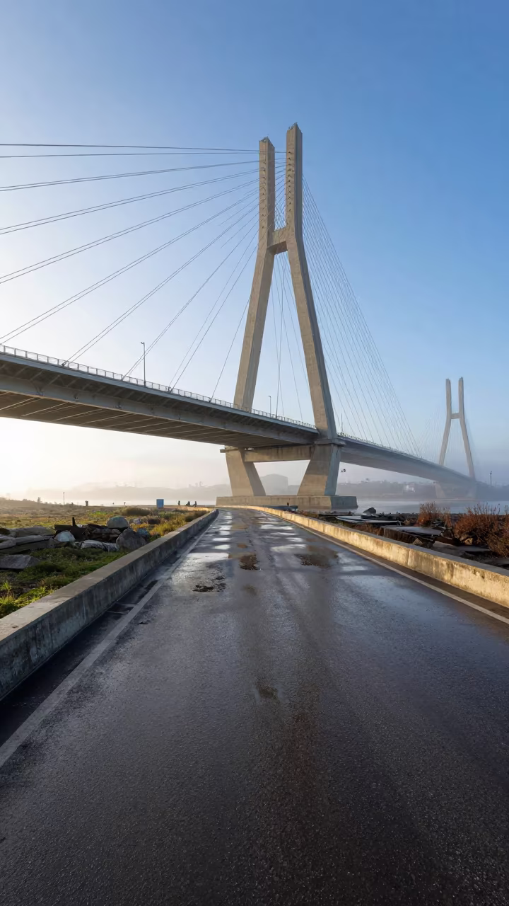 Winter Puddles Under Cable Bridge in Médéa in under a cable-stayed bridge span in Médéa