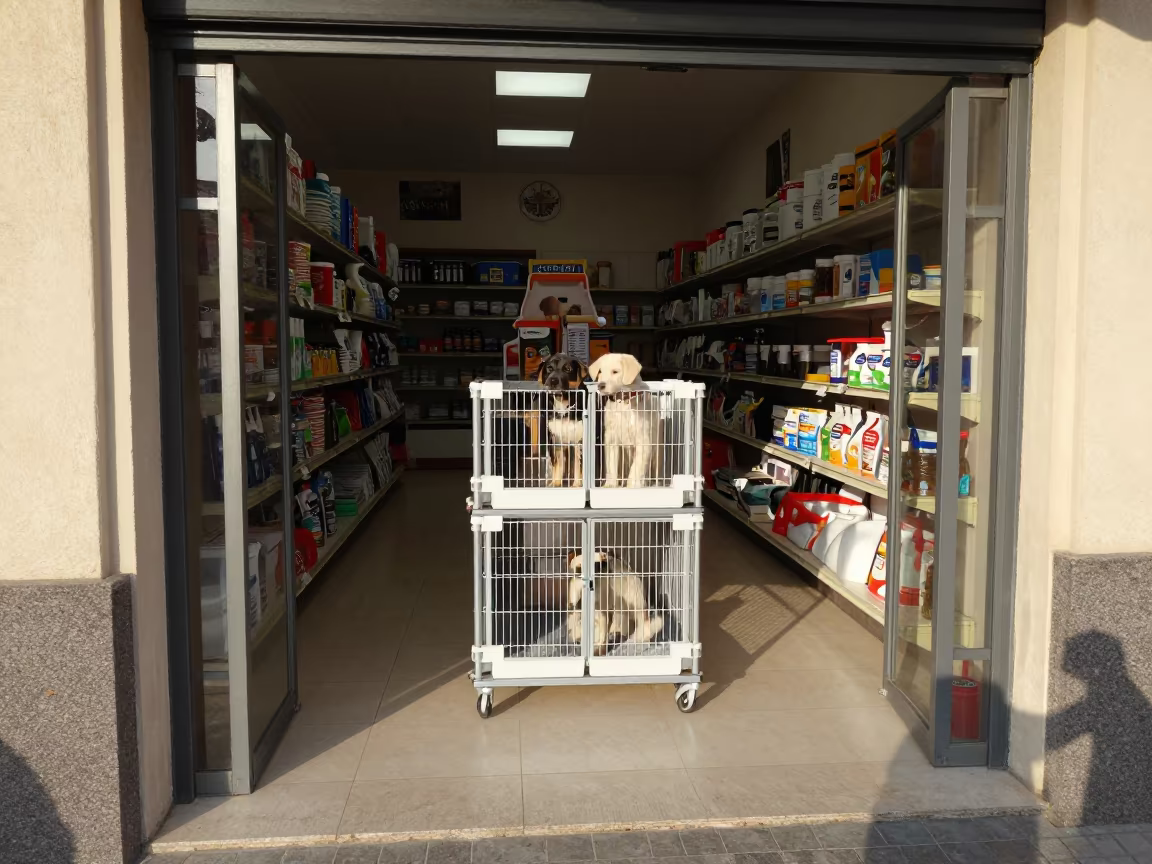 Winter Puppy Prop Cart in Cagliari Pet Store in inside a pet store aisle near Cagliari