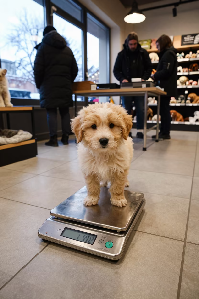 Winter Puppy Weigh In Geneva Store in inside a pet store aisle in Geneva