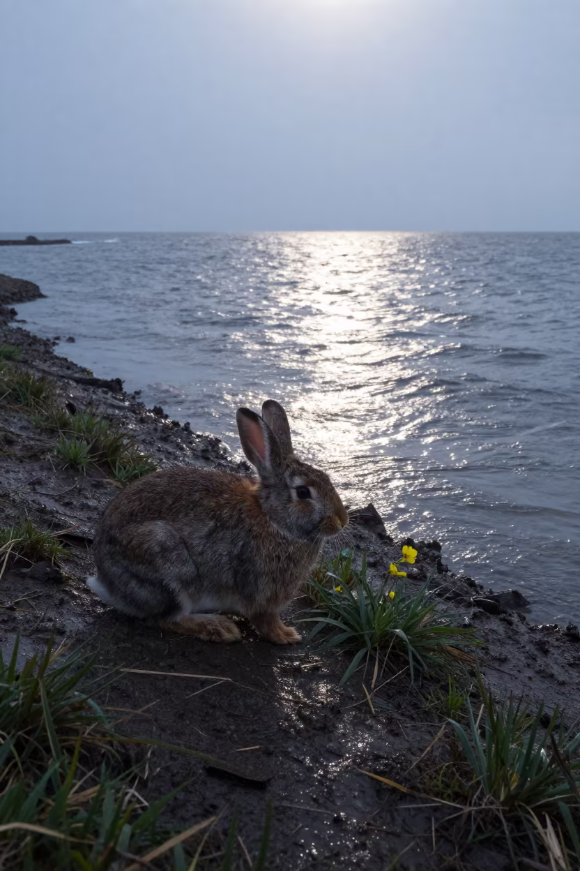 Winter Rabbit by Tohoku Tidal Inlet in Rain in beside a tidal inlet in Tohoku