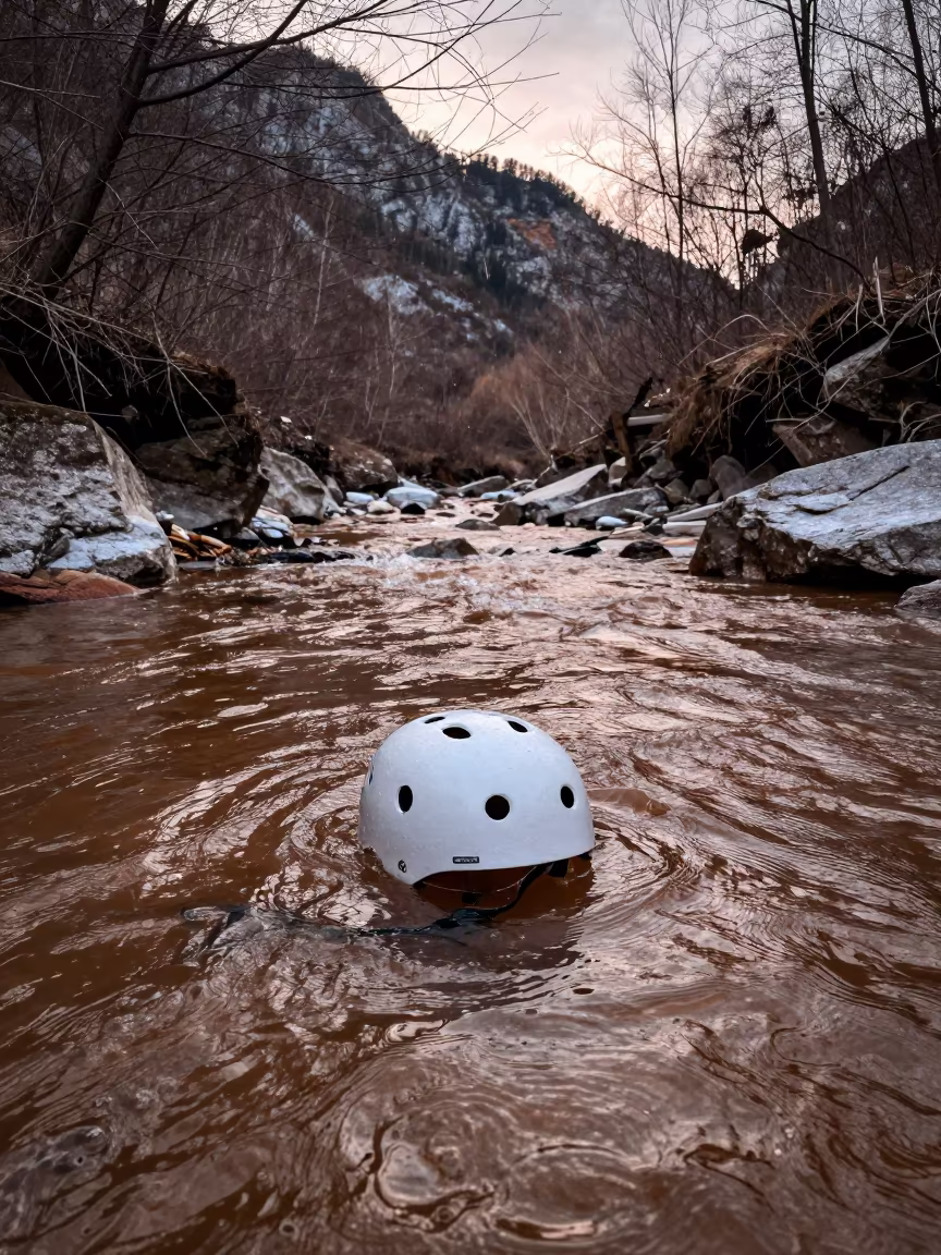 Winter Rafter Helmet in Eddy Water Near Varna in on a mountain path near Varna
