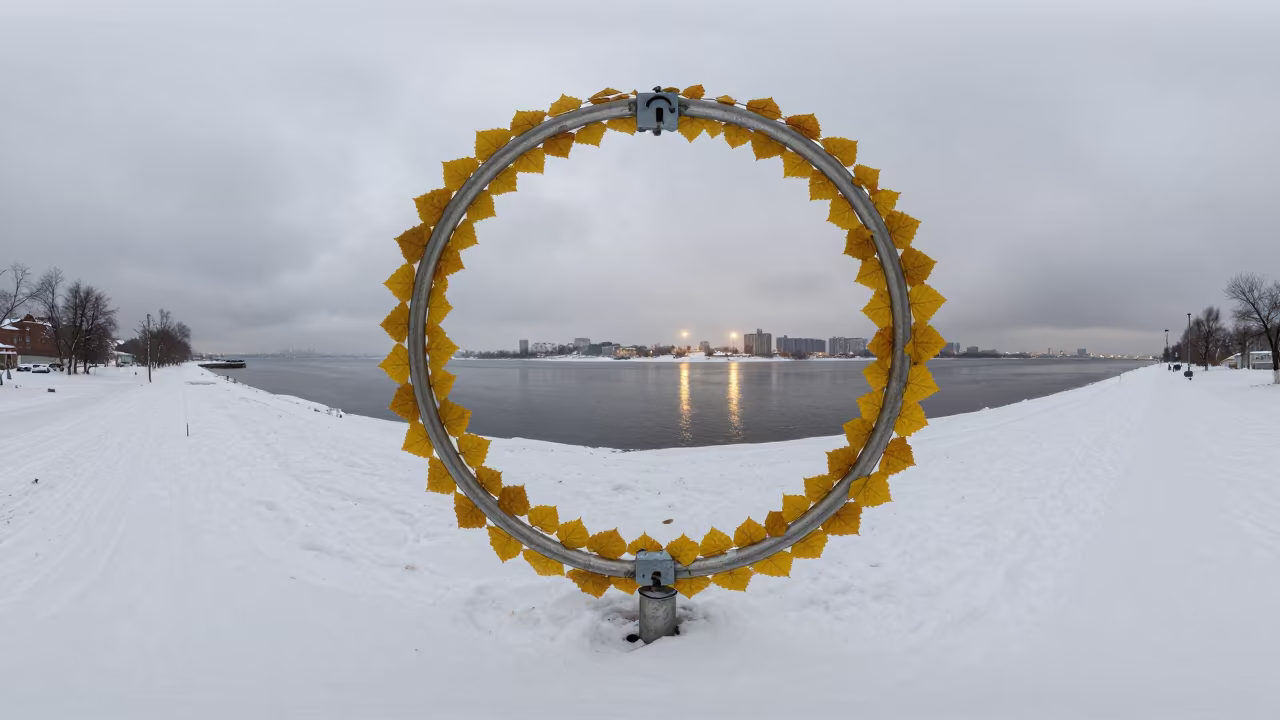 Winter Rain Gauge Ringed with Yellow Leaves in near Novosibirsk