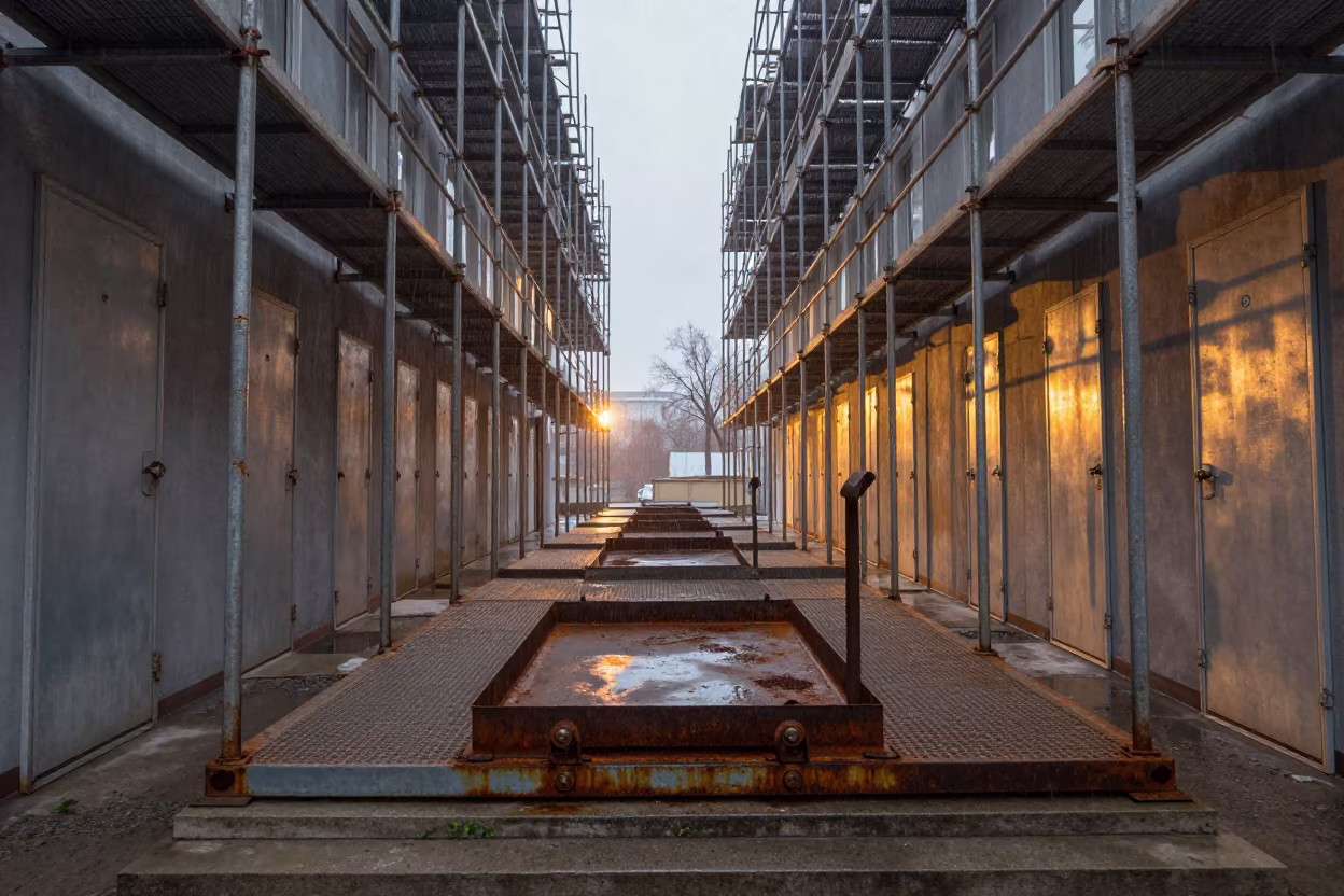 Winter Rain Iron Tray on Scaffolded Aktobe Facade in along a scaffolded facade in Aktobe