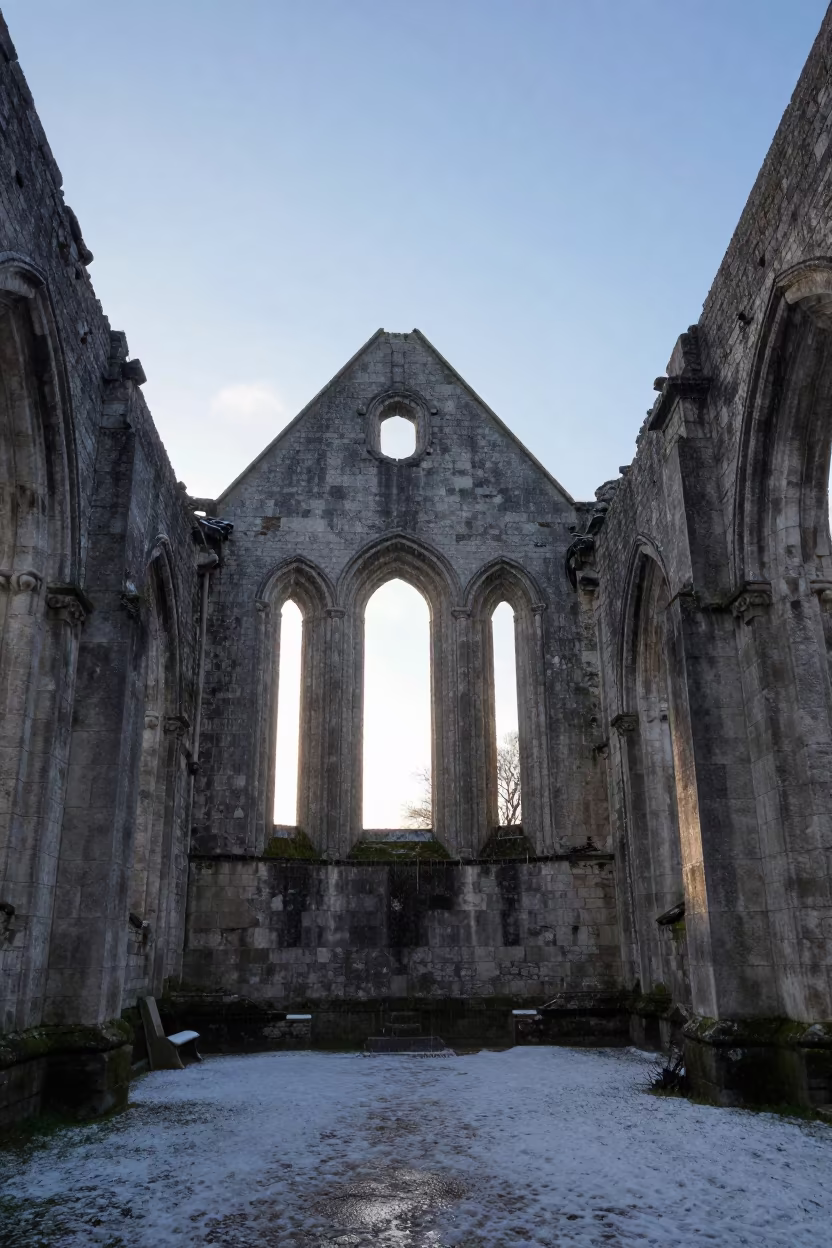 Winter Rain in Normandy Ruined Nave in inside a roofless nave in Normandy