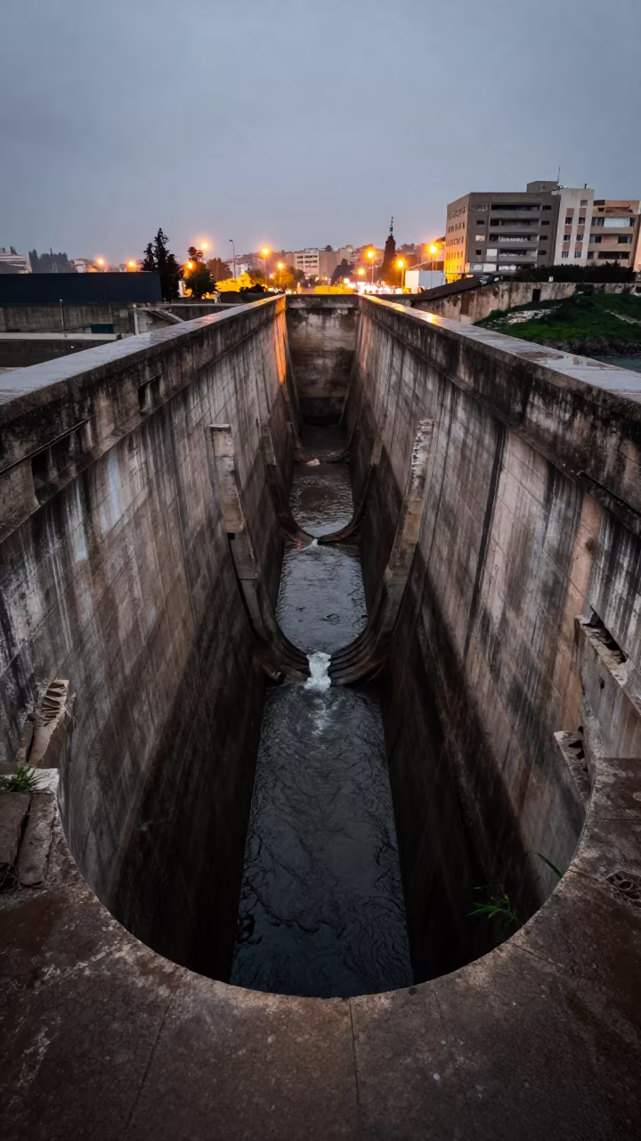 Winter Rain on Tunisia Dam Spillway in along a dam spillway in Tunisia