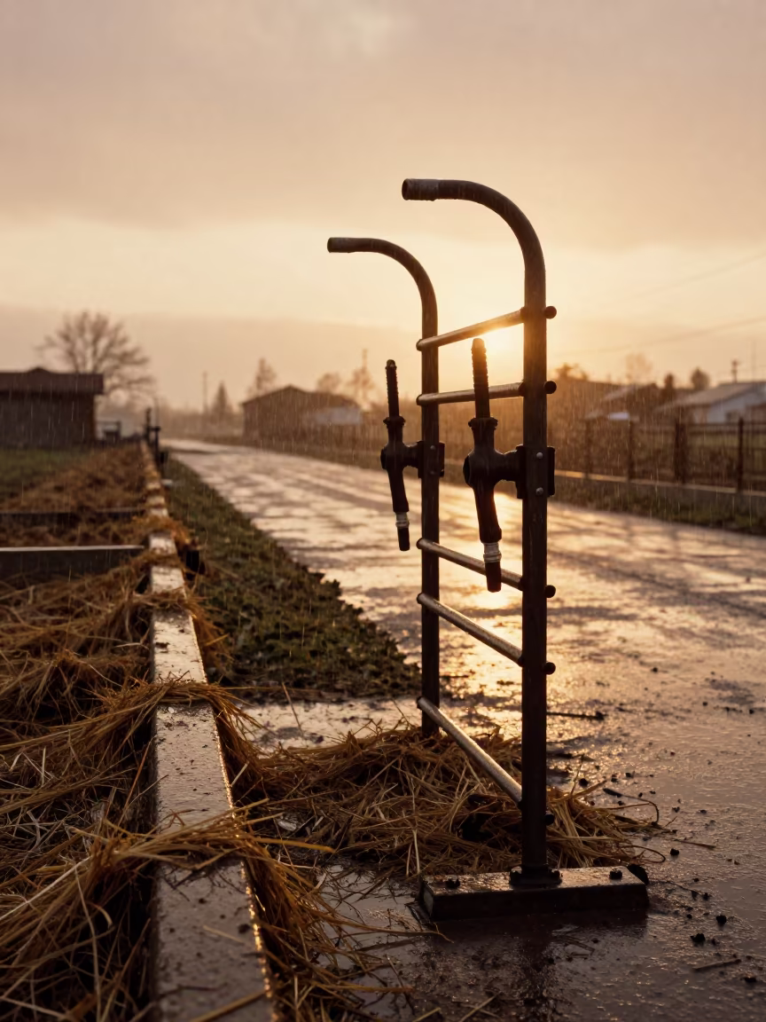 Winter Rain Wash Rack Silhouette Feedlot North Macedonia in along a feedlot lane in North Macedonia