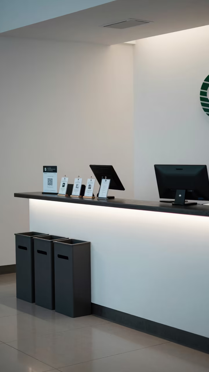 Winter Reception Console With Badges and Tablet in inside an open-plan office bay in Lome