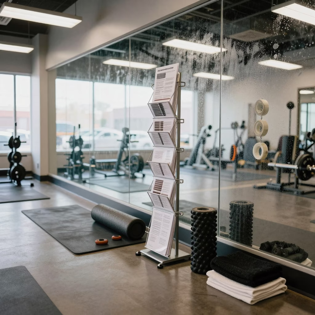 Winter Recovery Lounge Bracket Stand Display in inside a recovery lounge beside foam rollers near Albuquerque