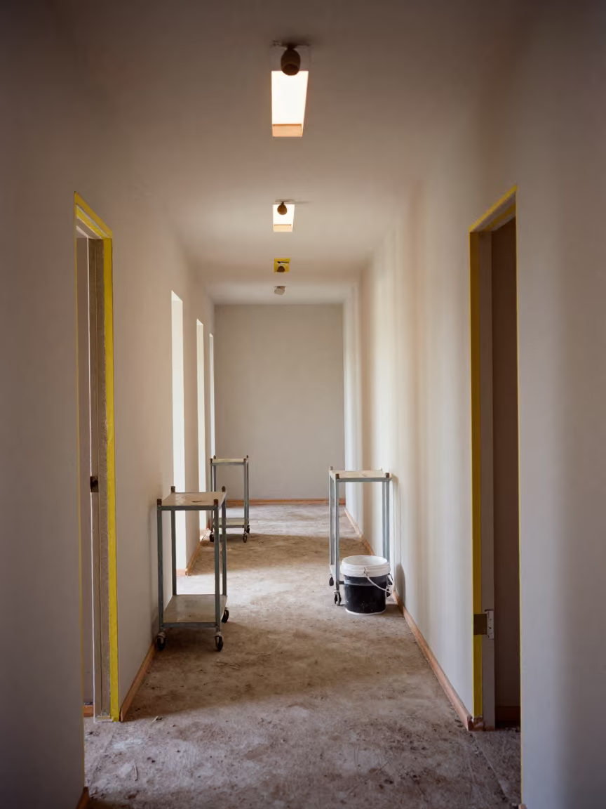 Winter Renovation Hallway Drywall Carts Stair Tower Santander in inside a bare shell stair tower in Santander