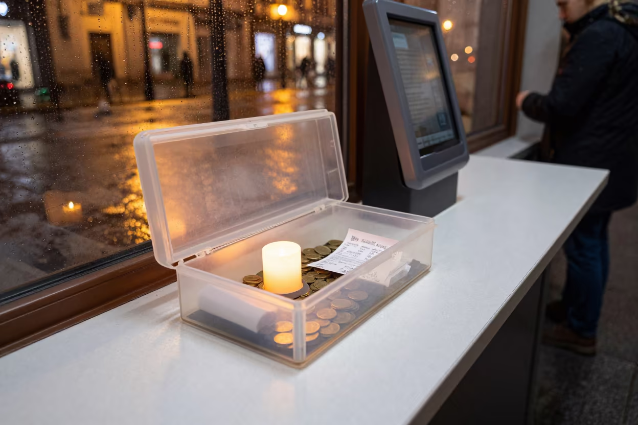 Winter Retail Battery Drawer After Rain in at a checkout lane under flat store light in La Latina, Madrid