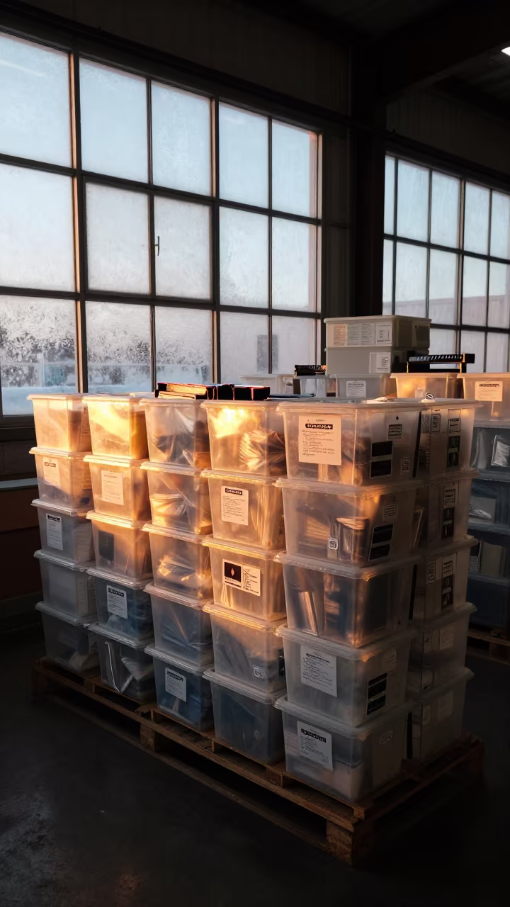 Winter Returns Sort Island Under Indigo Light in at a parcel sorting belt in Albuquerque