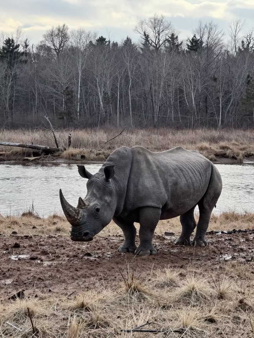 Winter Rhinoceros on Wind-Scoured PEI Ridge in on a wind-scoured ridge in Prince Edward Island